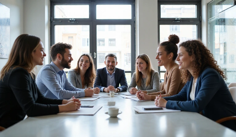A diverse group of people in a meeting room, collaborating and smiling, representing a dedicated team.