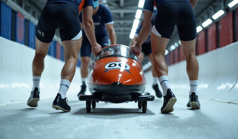 A bobsled team pushing off at the start of a race, demonstrating power and teamwork.
