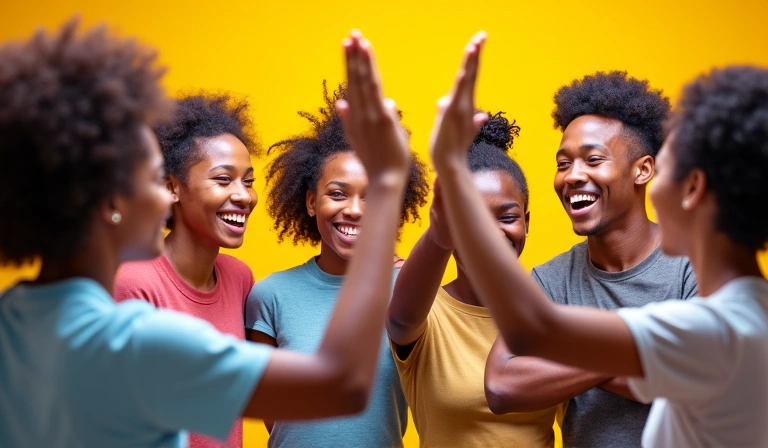 A group of diverse people high-fiving and celebrating, symbolizing teamwork and community.