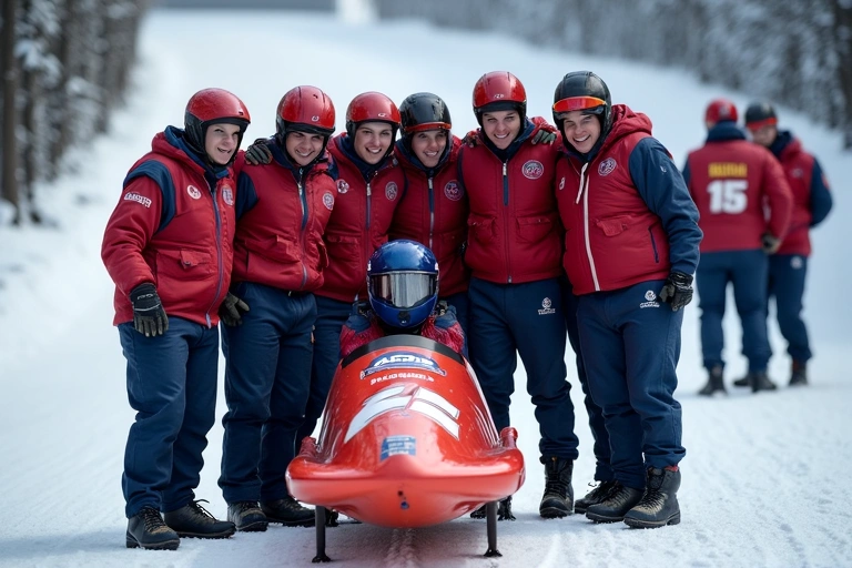 Bobsled team huddle before a race
