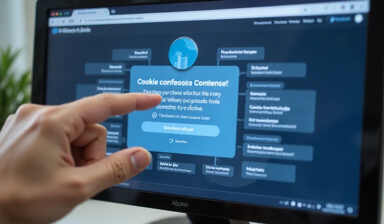 A hand interacting with a digital interface showing cookie consent options, with checkboxes and sliders, against a blurred background of a web browser.