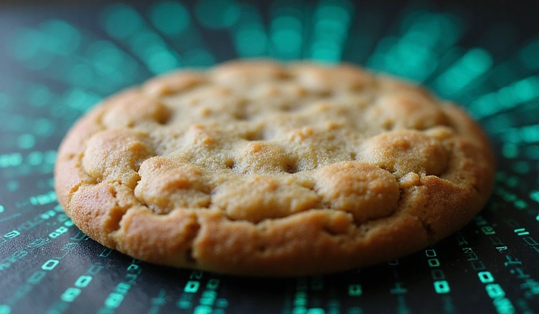 A close-up image of a cookie with binary code overlay, symbolizing digital data and privacy.