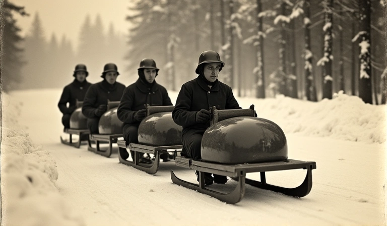 Early 20th century bobsled team on a rudimentary track