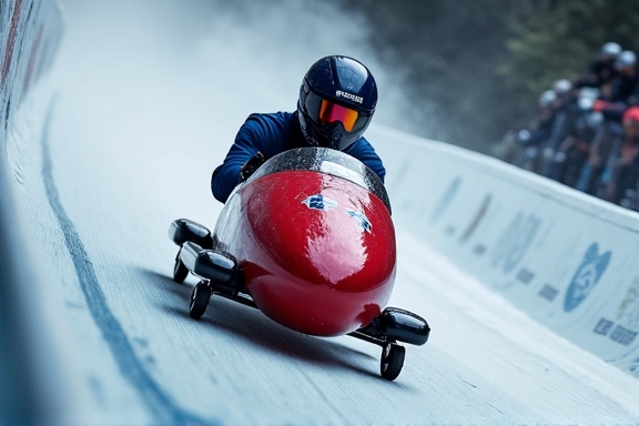 Bobsled speeding down an icy turn, showing G-forces and athlete focus