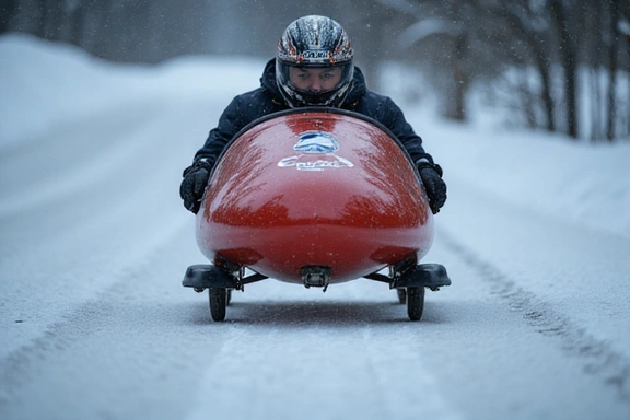 Close-up of a bobsled runner on ice, showing intricate detail and cold environment