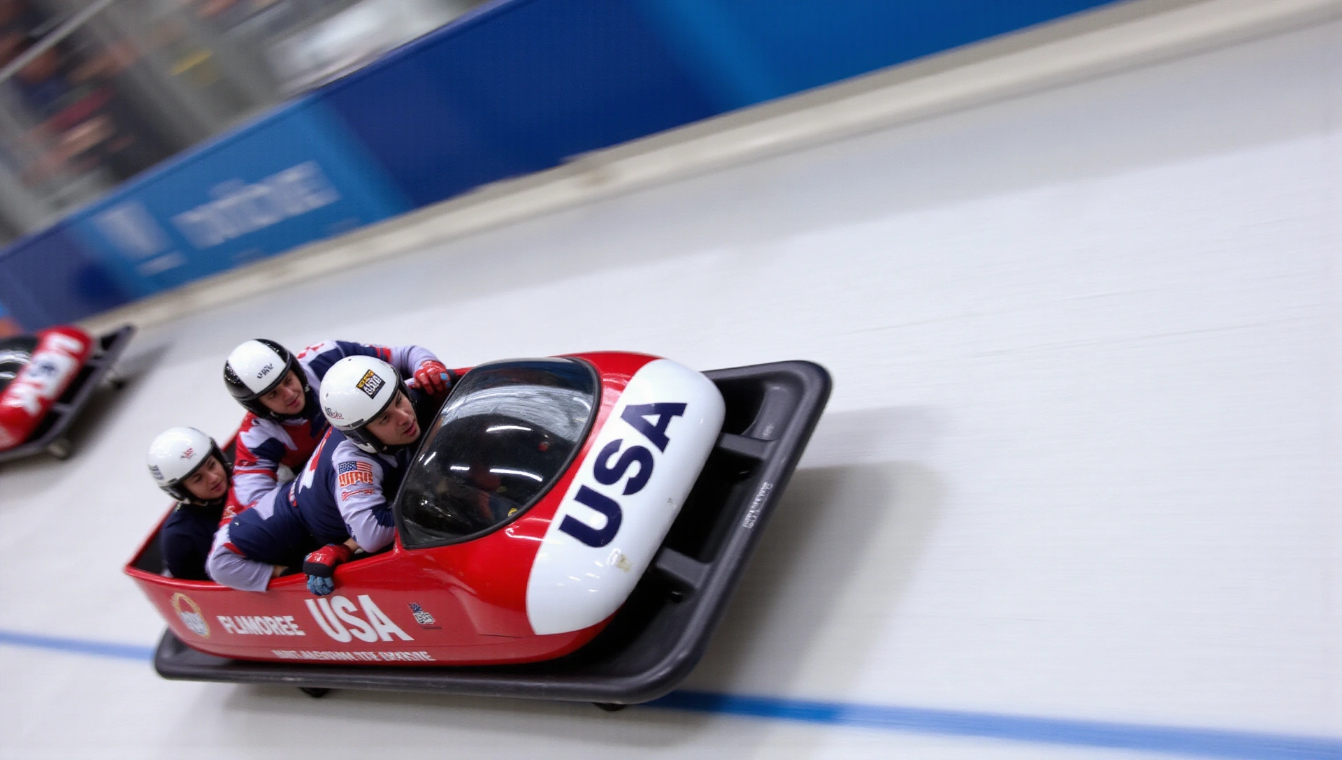 Dynamic shot of a USA bobsled team speeding down an icy track, motion blurred to emphasize speed and excitement