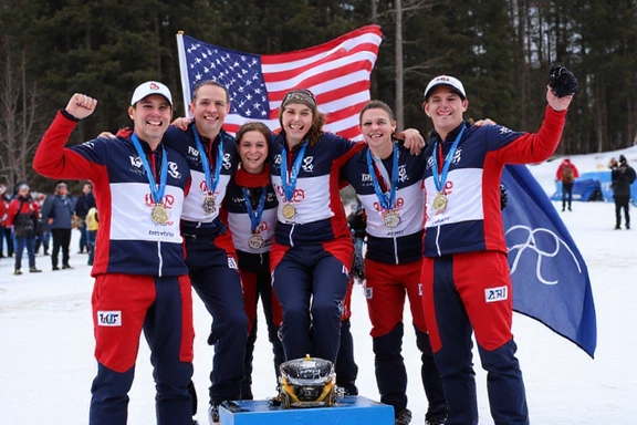 Team celebrating a victory on the podium, medals around their necks