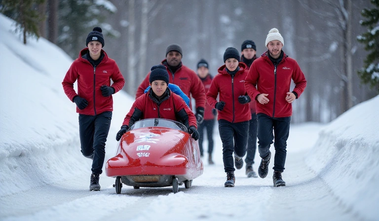 Young bobsled athletes training on an ice track