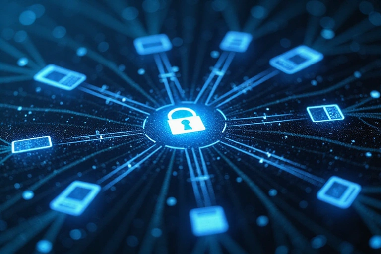 A secure network diagram with data flowing between devices, representing third-party data handling.