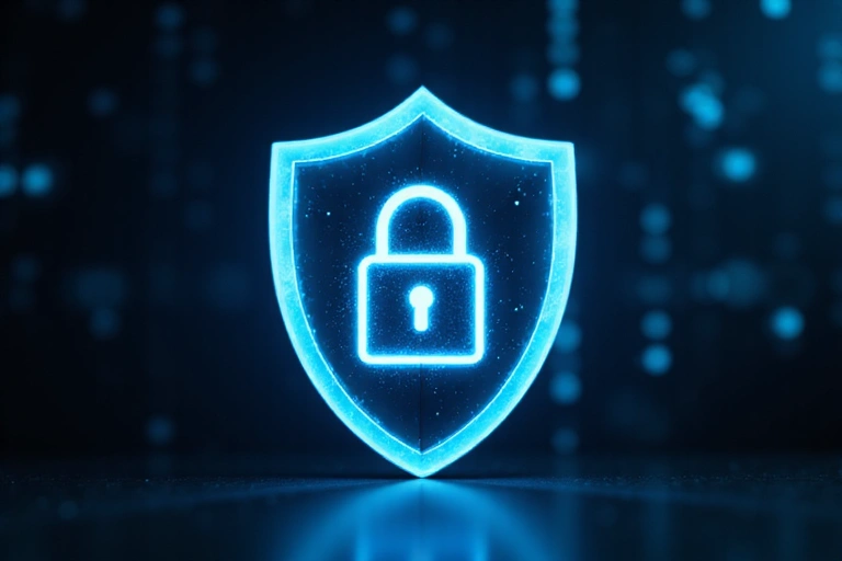 A shield icon with a padlock, symbolizing data security and protection.