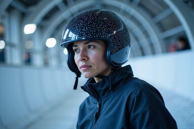 A bobsled athlete in a helmet looking determined, representing data security and privacy.